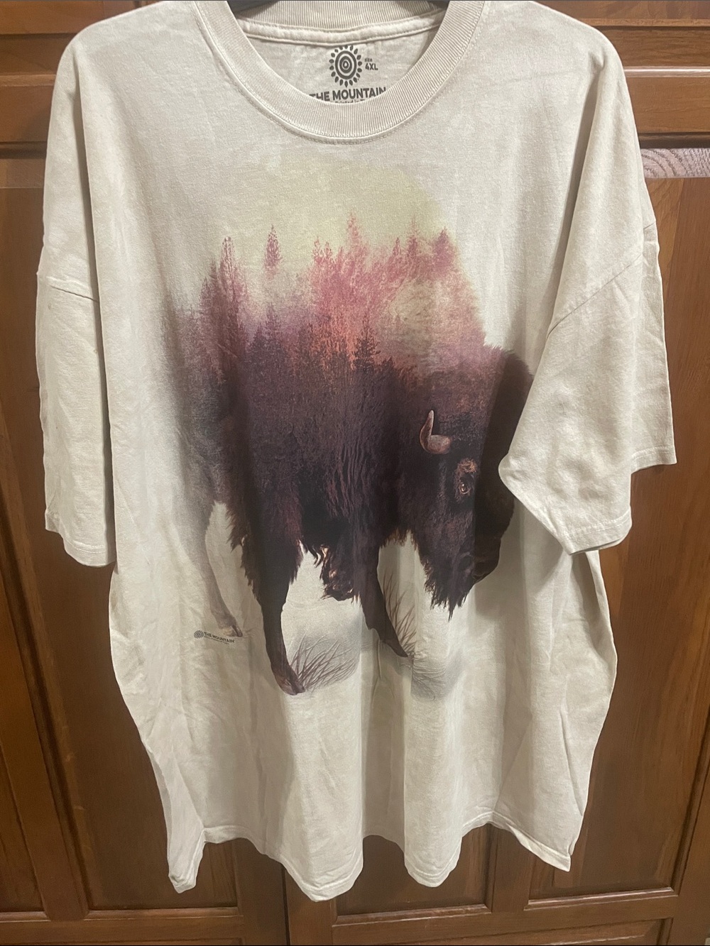 The Mountain Cream Tee Burgundy & Brown Buffalo Graphic Sz. 4XL